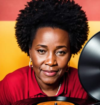 The image shows a woman standing in front of a record player with a vinyl record on it.