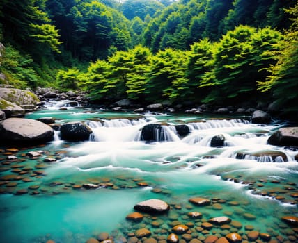 The image shows a small river flowing through a lush green valley surrounded by tall trees and rocky cliffs.