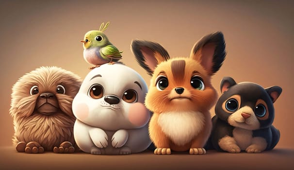 Banner: Group of cute animals in the style of a cartoon. 3d rendering