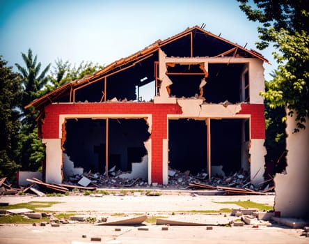 The image shows a dilapidated house with broken windows and a collapsed roof, surrounded by rubble and debris.