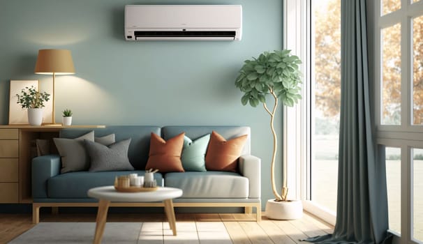 Banner: Air conditioner in the living room. 3d render illustration.