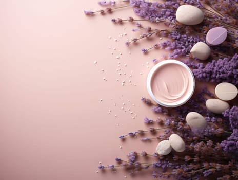 Banner: Cosmetic cream with lavender flowers on pink background, top view