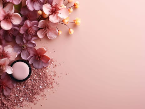 Banner: Beautiful pink sakura flowers and cosmetics on pink background, flat lay