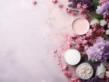 Banner: Composition with cosmetic products and lilac flowers on light background, top view