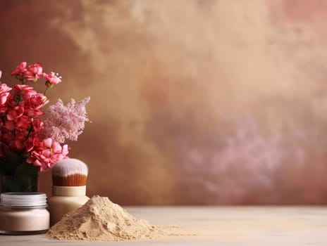 Banner: Cosmetics and flowers on table against grunge background. Space for text