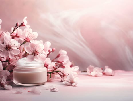 Banner: Jar of cream and blooming branch of sakura on light background