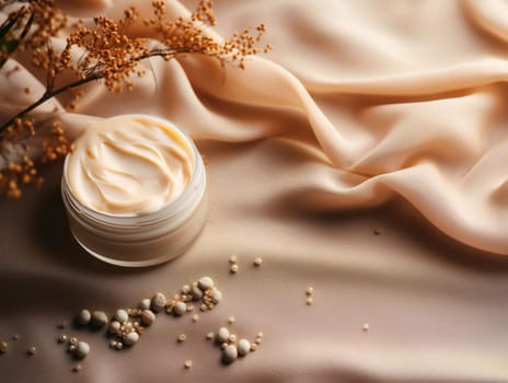 Banner: Jar of body cream on beige fabric background, closeup view