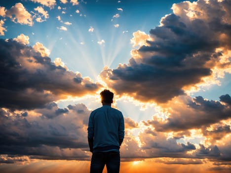 The image shows a man standing on a cliff overlooking a vast, cloudy sky at sunset.