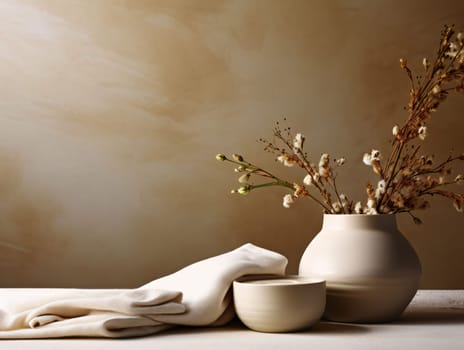 Banner: Ceramic vase with dry flowers and towels on wooden table