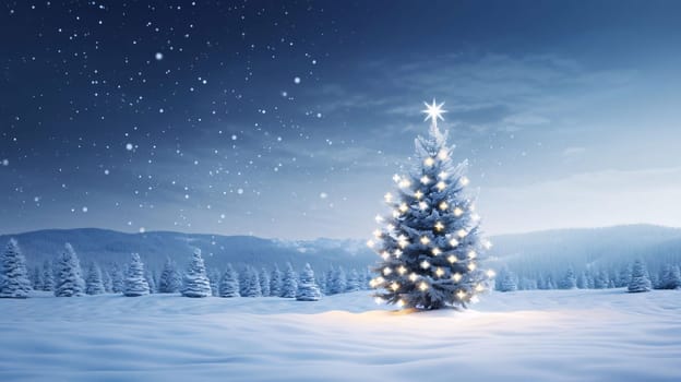 Banner: Christmas and New Year background with christmas tree and snowflakes