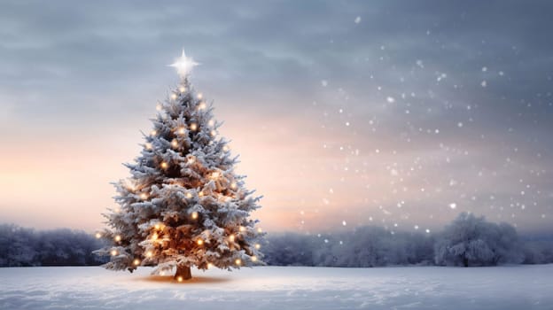 Banner: Christmas tree on a snowy field. Christmas background. 3d rendering