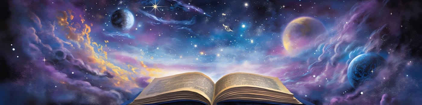 Banner: Open book with planets and stars in the night sky. Fantasy background.