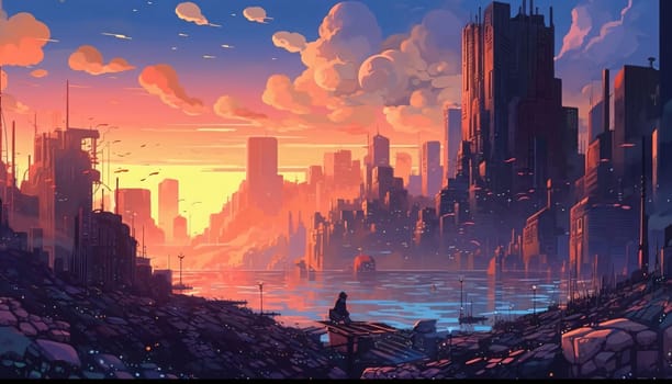 Banner: Fantasy cityscape with skyscrapers at sunset, 3d illustration