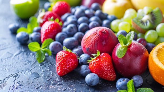 A close up of a table with fruit on it including blueberries, oranges and strawberries