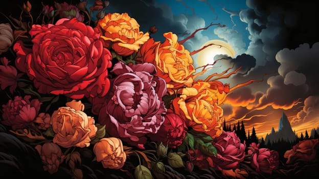 Banner: Illustration of roses in the forest at night with full moon.