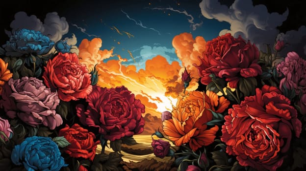 Banner: Bouquet of roses on the background of the sky with clouds