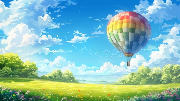 A colorful hot air balloon flying over a lush green field