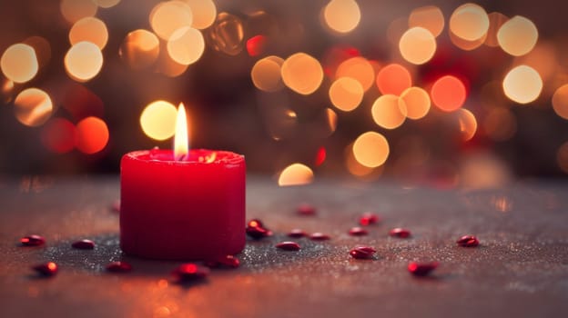 A red candle lit on a table with some confetti around it
