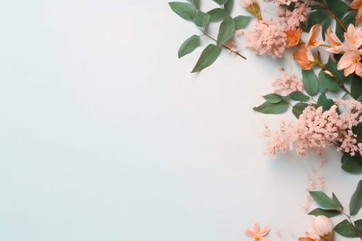 Banner: Flowers composition. Frame made of pink flowers on pastel blue background. Flat lay, top view, copy space