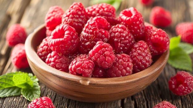 A bowl of raspberries on a wooden table with leaves