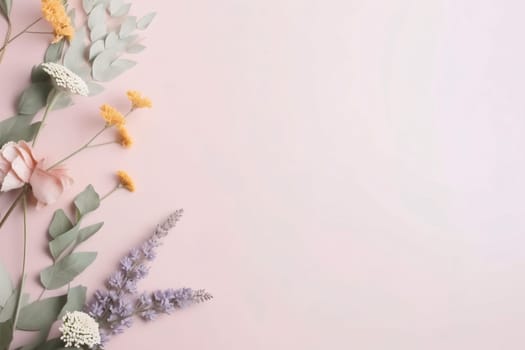 Banner: Flowers composition on pastel pink background. Flat lay, top view, copy space