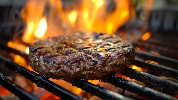 A hamburger cooking on a grill with flames and smoke