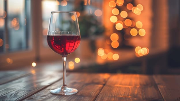 A glass of wine on a wooden table with lights in the background