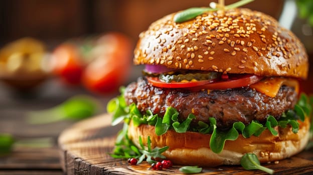 A close up of a hamburger with lettuce, tomato and onion