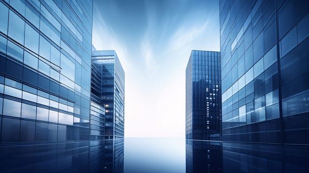Banner: modern office building with skyscrapers and blue sky background, business concept