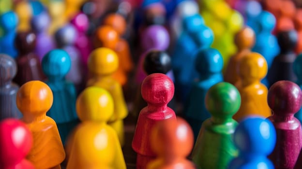 A group of brightly colored wooden people standing in a line