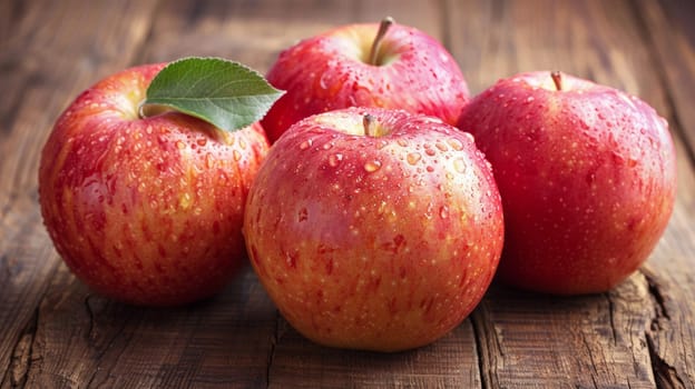 A group of four apples with a leaf on top sitting next to each other
