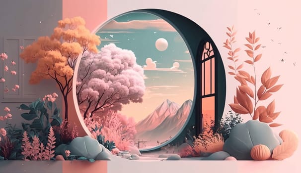 Banner: 3d illustration of a window with a view of the landscape.