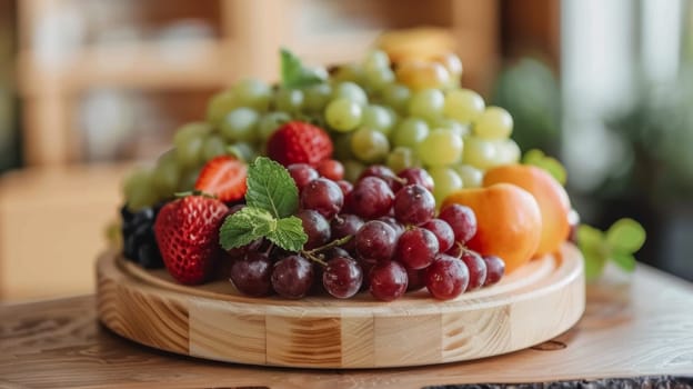 A wooden bowl filled with assorted fruits on a table