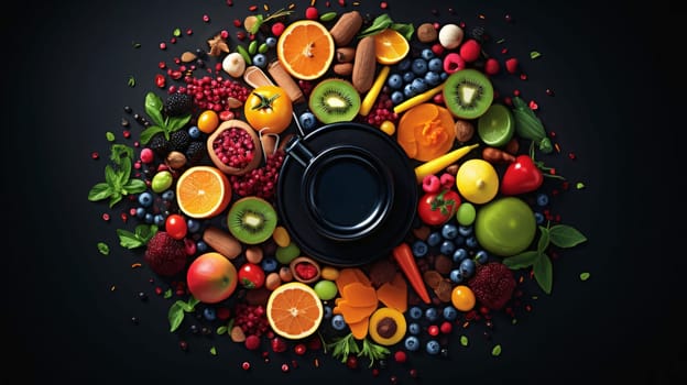 Banner: Fruits and vegetables around a teapot on a black background