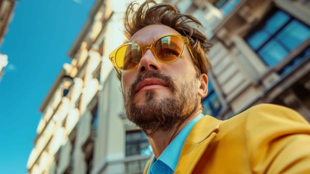A man in a yellow jacket and sunglasses standing outside