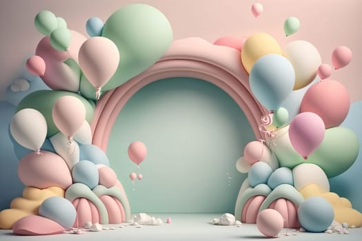 Banner: 3d rendering of minimal scene with pastel color balloons, arch and confetti
