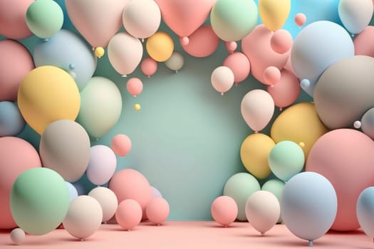 Banner: 3d rendering of pastel balloons in pastel color background.