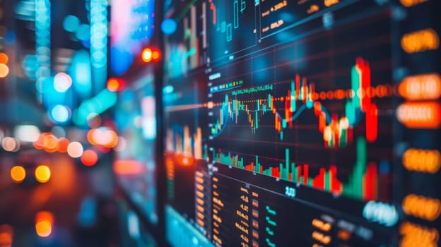 A close up of a stock market screen with lights and blurry background
