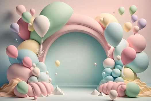 Banner: 3d render, abstract background with pastel color balloons and arch