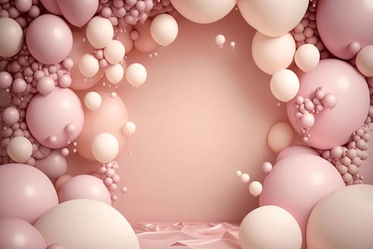 Banner: 3d render of abstract background with pastel pink and white balloons