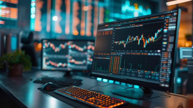 A computer monitor and keyboard on a desk with stock market data