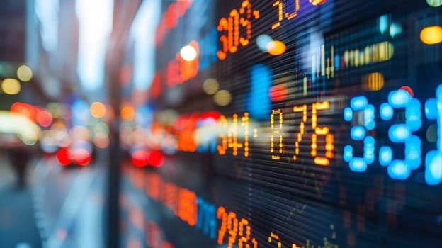 A close up of a digital display showing stock prices