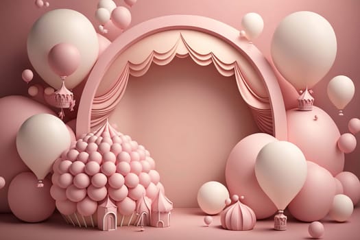 Banner: 3d illustration of pastel pink background with balloons and cake.