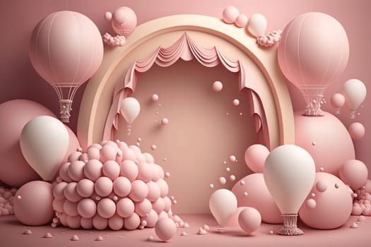 Banner: 3d rendering of pink background with balloons and arch. 3d illustration.