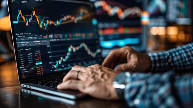 A person is typing on a laptop with stock market graphs