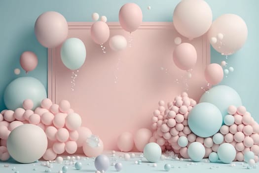 Banner: 3d render of pastel pink and blue balloons and confetti on pastel blue background