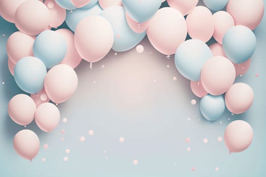 Banner: Festive background with pastel colored balloons and confetti. Vector illustration.