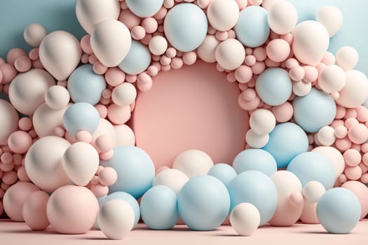 Banner: 3d rendering of pastel pink, blue and white balloons background