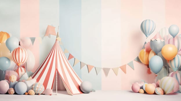 Banner: Baby shower party decoration with tent and balloons. 3D Rendering