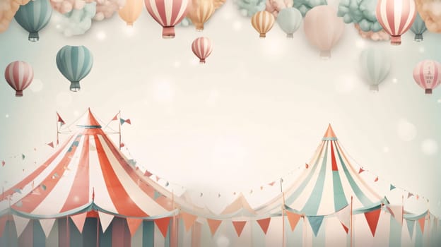 Banner: Carnival background with air balloons and circus tent. Vector illustration.